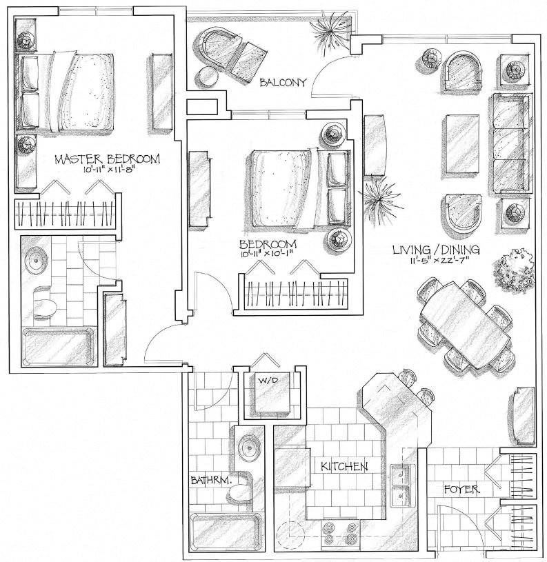 Floor plan for 2 beds, 2 baths, 1035 sqft